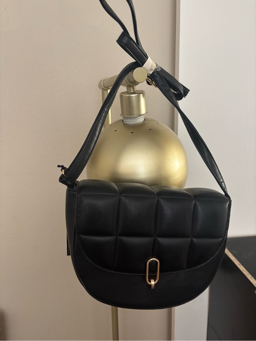 Black Quilted Crossbody Bag with Gold Accent